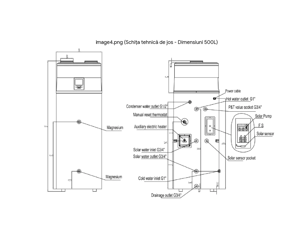 Boiler cu pompa de caldura Atlas ATHW R290 500 l dimensiuni