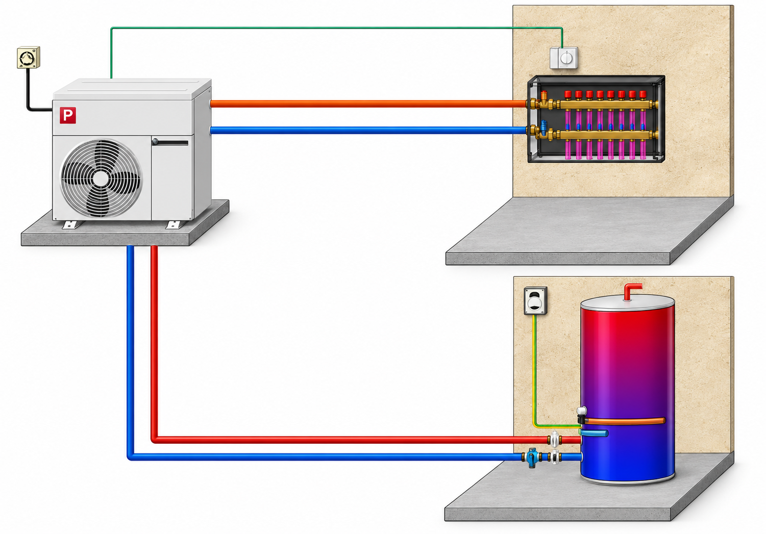 Schema cu boiler pe care o evităm din 2020 încoace, de când România importă (firesc) boilere cu pompă de căldură proprie all-in-one (monobloc)