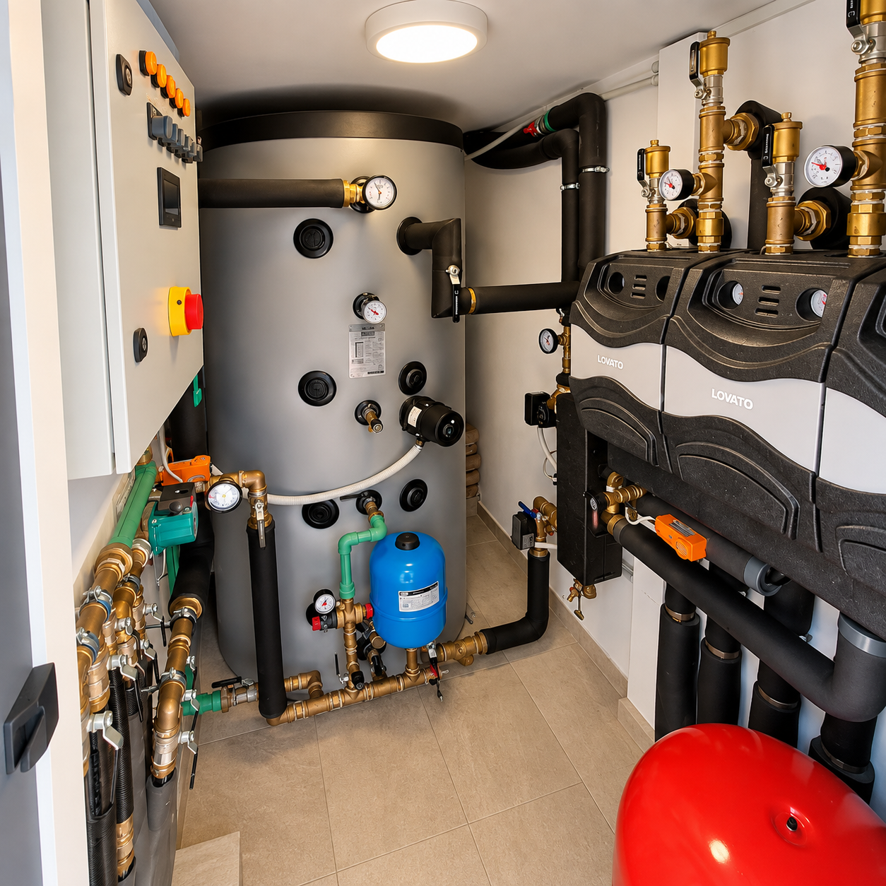 Schemă montaj PdC aer-apă cu puffer, vas de expansiune încălzire, boiler apă caldă menajeră, vas de expansiune sanitar, pompe, vane, cabluri de forță și comandă, butelie de egalizare verticală, distribuitor-colector general orizontal, 3 grupuri de pompare și amestec, abia apoi și încălzirea în pardoseală