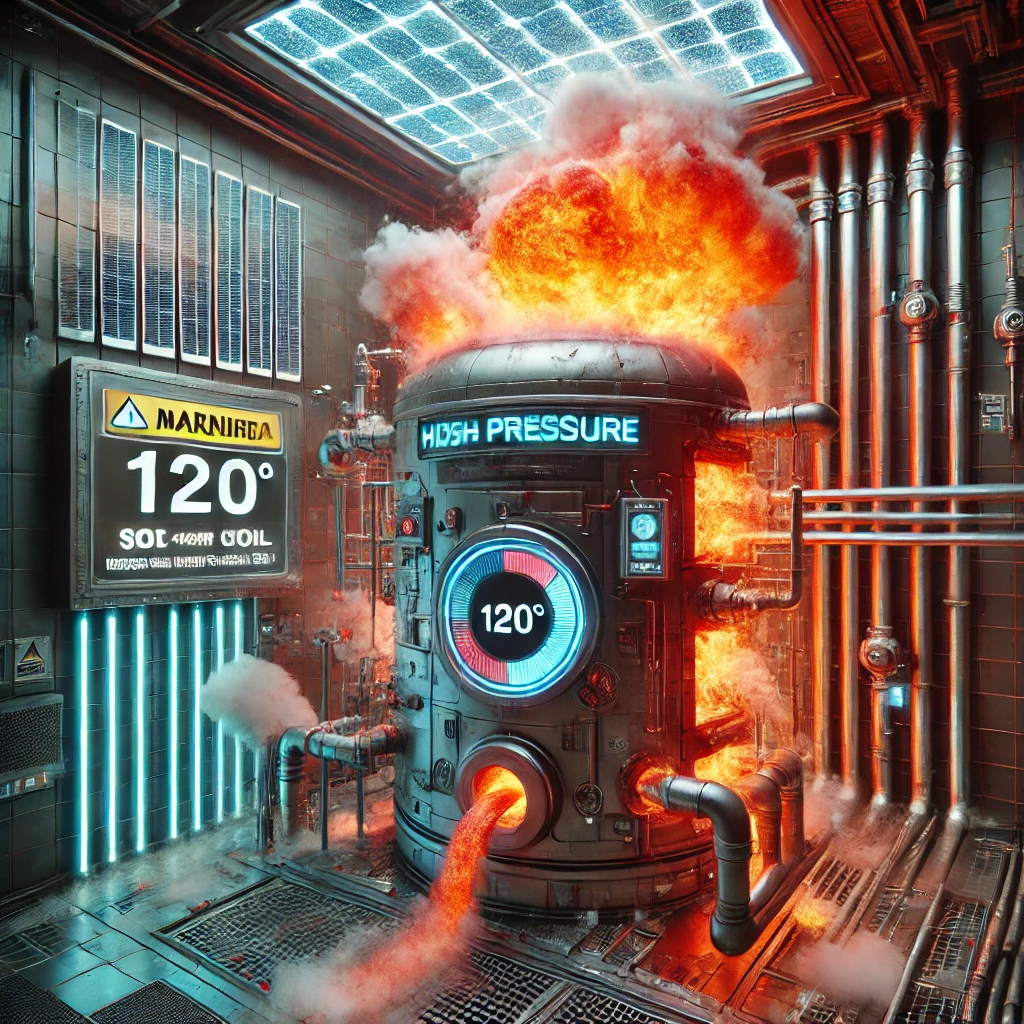 Aaa arata, în imaginatia noastra, stresul la care este supus un boiler când panourile solare fierb apa la peste 100°C. În realitate, supapa de siguranta doar va arunca continuu apa fierbinte.