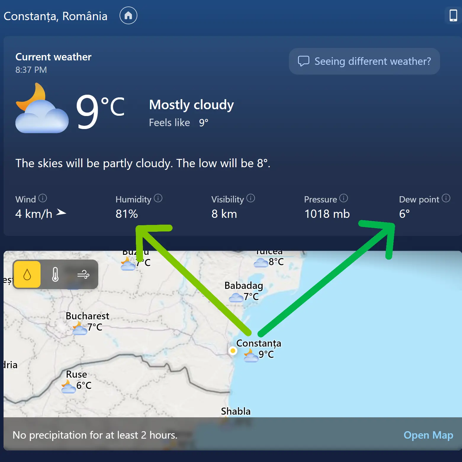 Punctul de roua pe aplicatia de vreme Windows 11
